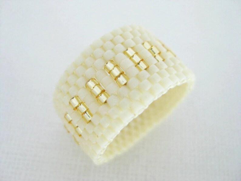 Seed Bead Peyote Ring / Beaded Jewelry / Cream and Gold Band Etsy