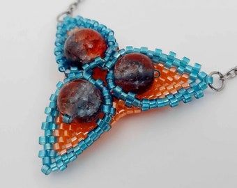 Beaded Peyote Triangle Flower Pendant in Blue and Orange / Seed Bead Necklace