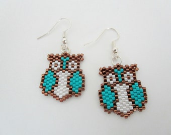 Beaded Owl Earrings / Seed Bead Jewelry / Sterling Silver Earrings / Gifts Under 20