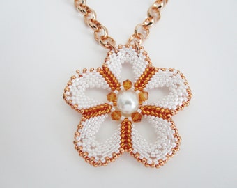 Beaded Flower Necklace in Gold and White / Seed Bead Jewelry