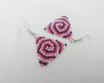 Peyote Triangle Earrings in Metallic Raspberry, Pink and White / Seed Bead Jewelry / Gifts Under 20
