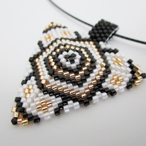 Beaded Peyote Triangle Pendant in Gold, Black and White  / Seed Bead Jewelry