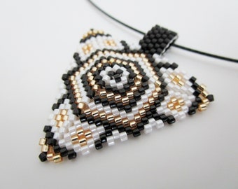 Beaded Peyote Triangle Pendant in Gold, Black and White  / Seed Bead Jewelry