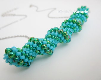 Adjustable Thyroid Neck Scar Cover Necklace in Turquoise Blue and Rainbow Green / Beaded Spiral Tube Pendant / Seed Bead Jewelry