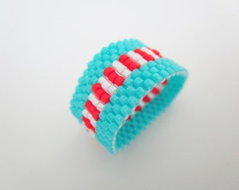 Peyote Ring in Turquoise, Red and White / Beaded Seed Bead Jewelry