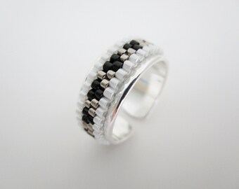 Adjustable Beaded Peyote Flower Ring in Black, White and Steel / Seed Bead Jewelry