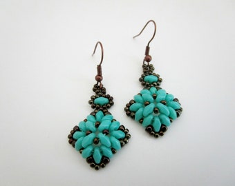 Beaded Superduo Turquoise Earrings / Seed Bead Jewelry / Gifts Under 20