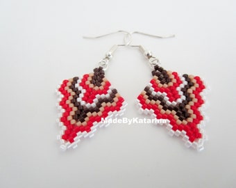 Beaded Arrowhead Earrings in Brown, Red and White / Seed Bead Jewelry