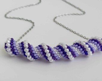 Adjustable Thyroid Neck Scar Cover Necklace in White, Violet and Purple / Beaded Spiral Tube Pendant / Seed Bead Jewelry