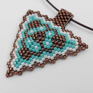 Beaded Peyote Triangle Pendant Necklace in Brown, White and Turquoise / Seed Bead Jewelry