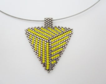 Beaded Peyote Triangle Pendant Necklace in Yellow and Steel / Seed Bead Jewelry