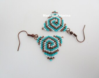 Peyote Triangle Earrings in Brown, Turquoise and White / Seed Bead Jewelry