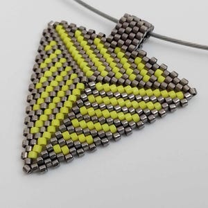 Beaded Peyote Triangle Pendant Necklace in Yellow and Steel / Seed Bead Jewelry