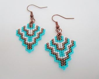 Beaded Arrowhead Earrings in Brown, Turquoise and White / Seed Bead Jewelry