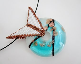Lampwork Glass Donut Pendant / Beaded Seed Bead Butterfly Bail Necklace