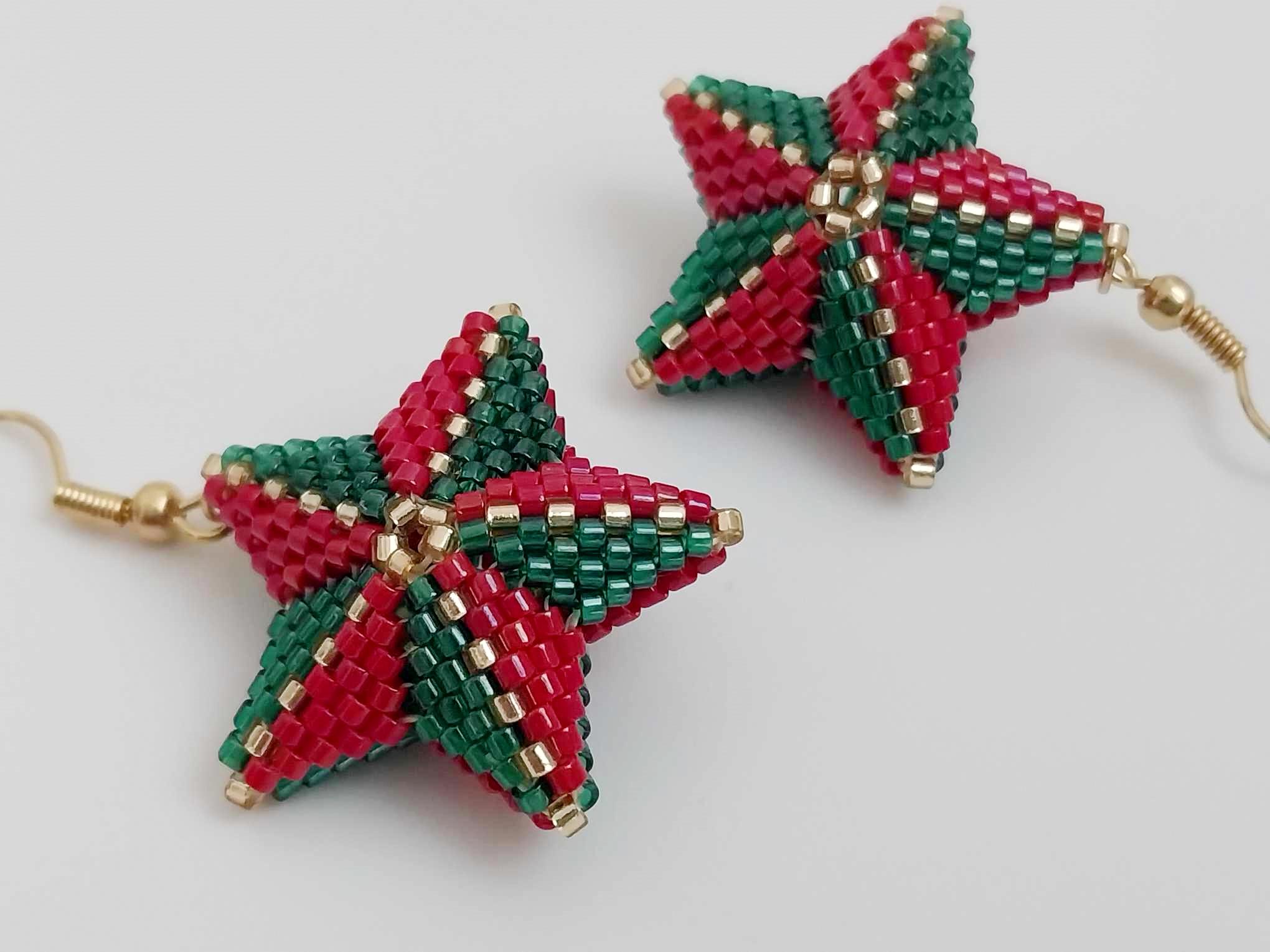 Handwoven 3D Peyote Star Earrings - Red, Green, Gold Seed Bead Dangles