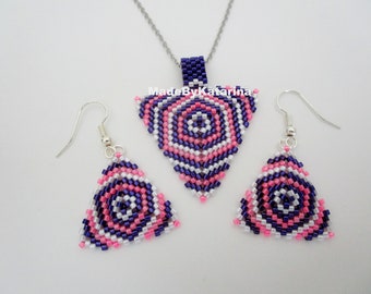 Beaded Peyote Triangle Pendant and Earrings in Purple, Hot Pink and White / Seed Bead Jewelry Set