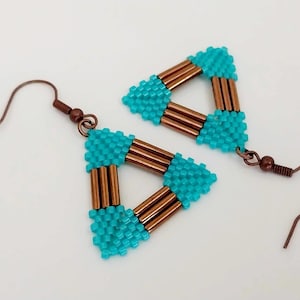 Peyote Triangle Earrings in Brown and Turquoise / Seed and Bugle Bead Jewelry image 1