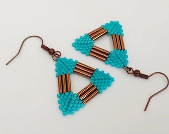 Peyote Triangle Earrings in Brown and Turquoise / Seed and Bugle Bead Jewelry