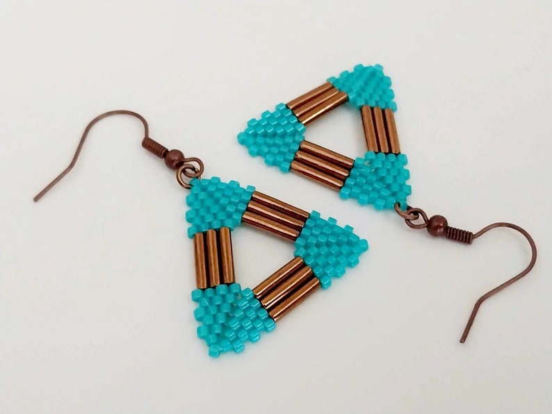 Peyote Triangle Earrings in Brown and Turquoise / Seed and Bugle Bead Jewelry image 1