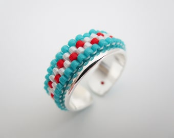 Adjustable Turquoise, Red and White Beaded Peyote Ring / Seed Bead Jewelry