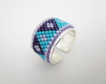 Adjustable Beaded Peyote Ring in Purple, Turquoise and Violet / Seed Bead Jewelry