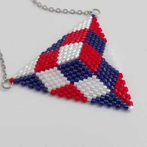 Peyote Triangle Pendant in Blue, Red and White / Seed Bead Jewelry / US Duty Free