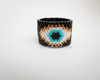 Beaded Evil Eye Peyote Ring / Seed Bead Jewelry