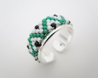 Adjustable White, Green and Black Beaded Peyote Ring / Seed Bead Jewelry