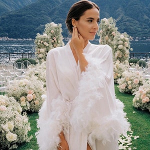 Robe de mariée en soie faite main : kimono de mariée manches plumes