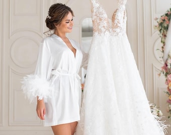White Bridal Feather Robe: Handmade Silk Kimono, Detachable Sleeves