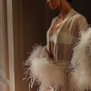 Puede incluir: Una bata blanca transparente con adornos de plumas en las mangas. La bata está atada a la cintura y se usa sobre un sujetador de encaje blanco. La imagen está iluminada con luz natural suave, creando una estética delicada y elegante.