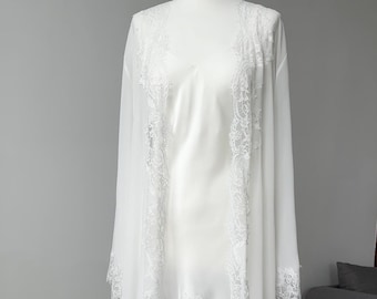 Robe de chiffon com renda, conjunto de noiva marfim, vestido de cetim, conjunto para a manhã do casamento