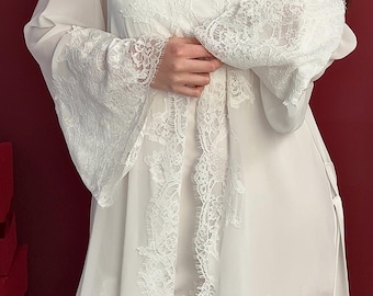 Conjunto de bata y camisón de encaje para novia, conjunto de lencería nupcial de satén de seda para la novia