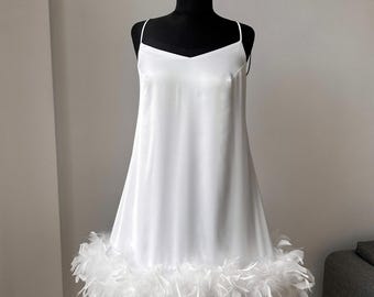 White Satin Feather Mini Dress: Bachelorette Bridal Robe