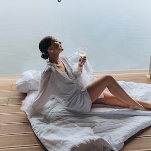 Handmade Satin Bridal Robe with Feathers: Wedding Day Dressing Gown