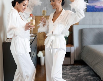 Handmade Ivory Silk Bridal Pajamas with Ostrich Feathers