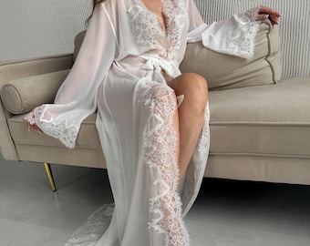 Bridal Chiffon Ivory Robe with Lace Trim,Handmade Long Boudoir Dressing Gown,Sheer Wedding Morning Robe for Bride,Beautiful Peignoir