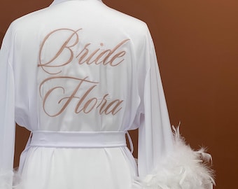 Personalized Bridal Robe with Feathers: Embroidered Satin Silk Dressing Gown
