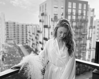 Ostrich Feather Bridal Robe: Detachable Feather Sleeves, Handmade Satin Dressing Gown