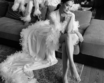 White bridal robe with train and feathers, long silk dressing gown, wedding kimono robe, boudoir robe, getting ready robe, maternity robe