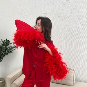 Könnte beinhalten: Ein leuchtend rotes Pyjama-Set mit Federbesatz. Das Set besteht aus einem Hemd mit Knöpfen, einer Hose und passenden Federakzenten an den Manschetten und Knöcheln. Das Outfit ist aus weichem, samtigem Material gefertigt.