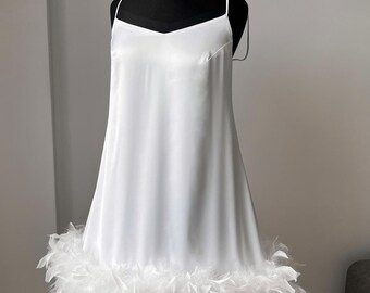 White Satin Feather Mini Dress: Bachelorette Bridal Robe White Satin Feather Mini Dress: Bachelorette Bridal Robe