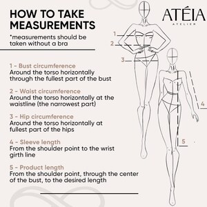 Pode incluir: Diagrama que ilustra como tirar medidas corporais para roupas. A imagem inclui texto que explica as medidas do busto, cintura, quadril, manga e comprimento do produto. S&atilde;o mostrados dois desenhos lineares de uma pessoa com linhas de medi&ccedil;&atilde;o.