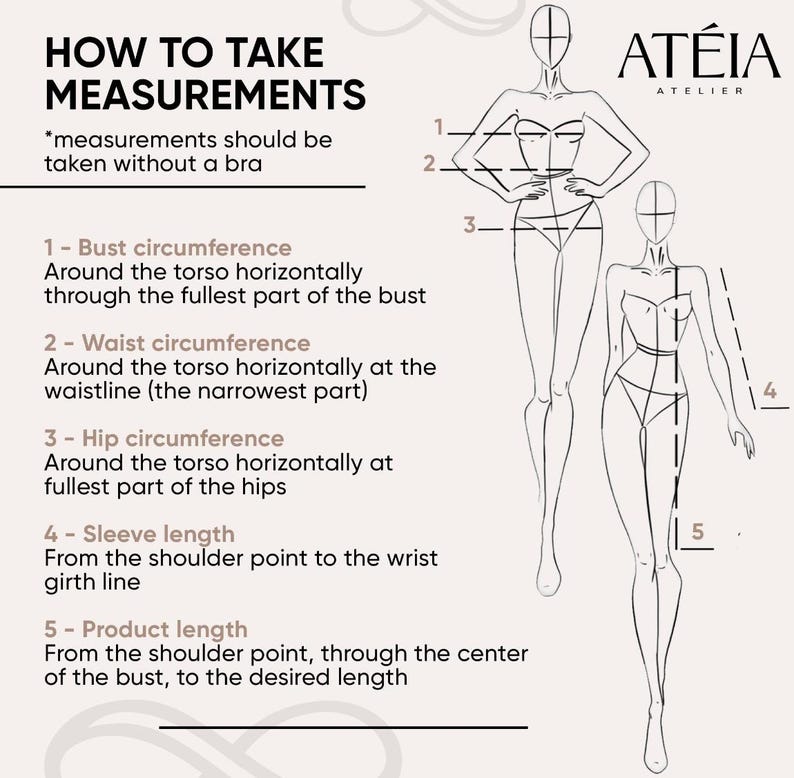 Pode incluir: Diagrama que ilustra como tirar medidas corporais para roupas. A imagem inclui texto que explica as medidas do busto, cintura, quadril, manga e comprimento do produto. S&atilde;o mostrados dois desenhos lineares de uma pessoa com linhas de medi&ccedil;&atilde;o.