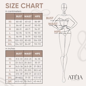 Pode incluir: Uma tabela de tamanhos em cent&iacute;metros e polegadas, com medidas de busto, cintura e quadris. A tabela inclui tamanhos XS a 3XL. &Agrave; direita, um desenho linear de uma pessoa com etiquetas para busto, cintura e quadris.