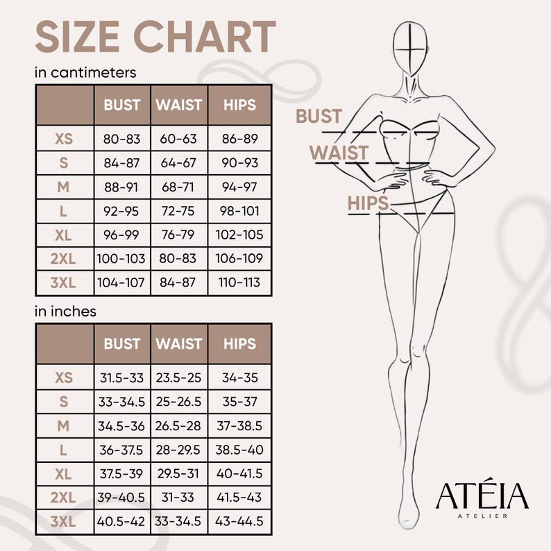 Pode incluir: Uma tabela de tamanhos em cent&iacute;metros e polegadas, com medidas de busto, cintura e quadris. A tabela inclui tamanhos XS a 3XL. &Agrave; direita, um desenho linear de uma pessoa com etiquetas para busto, cintura e quadris.