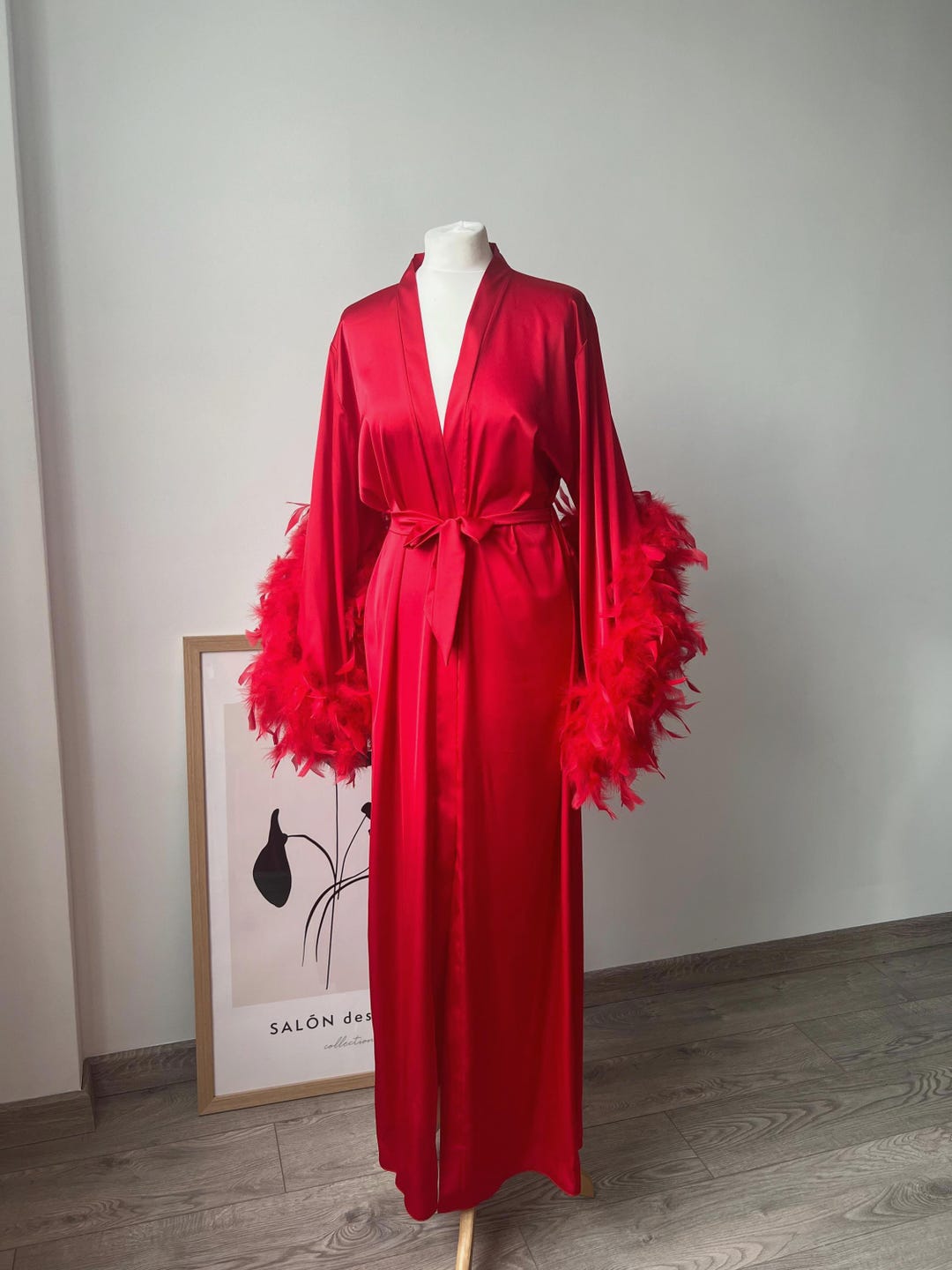 Red Feather High Quailty Long Satin Christmas Robe, Handmade - Etsy