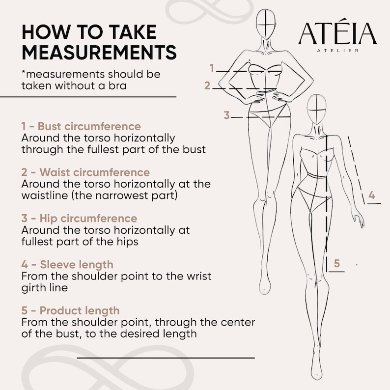 May include: How to take measurements guide.  A beige background features a line drawing of a woman's body with five measurement points labeled: 1. Bust circumference, 2. Waist circumference, 3. Hip circumference, 4. Sleeve length, and 5. Product length.  Instructions for each measurement are provided in black text.  The brand name ATÉIA ATELIER is displayed in a serif font.