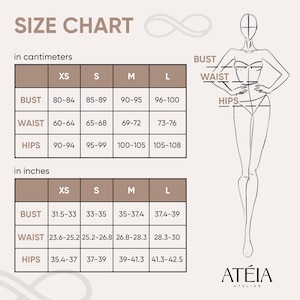 May include: Size chart in centimeters and inches for XS, S, M, and L sizes. Measurements for bust, waist, and hips are provided.  A line drawing of a female figure is shown with bust, waist, and hip measurements indicated. The brand name ATEIA ATELIER is displayed at the bottom. The color scheme is neutral with beige and brown tones.